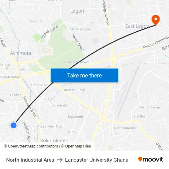 North Industrial Area to Lancaster University Ghana map