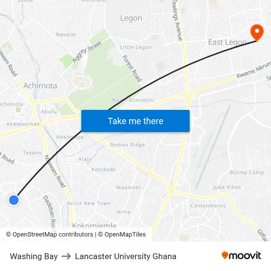 Washing Bay to Lancaster University Ghana map