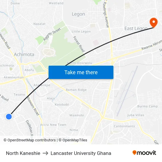 North Kaneshie to Lancaster University Ghana map