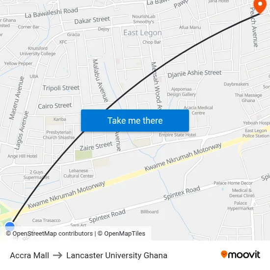 Accra Mall to Lancaster University Ghana map