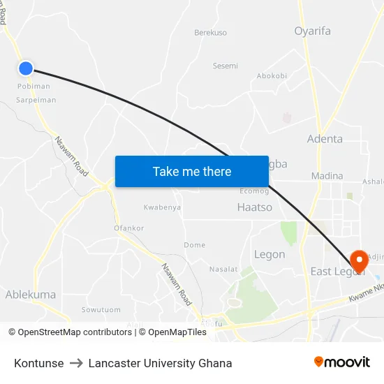 Kontunse to Lancaster University Ghana map