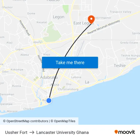 Ussher Fort to Lancaster University Ghana map