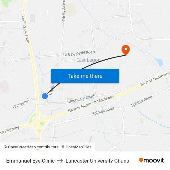 Emmanuel Eye Clinic to Lancaster University Ghana map