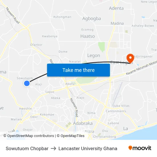 Sowutuom Chopbar to Lancaster University Ghana map