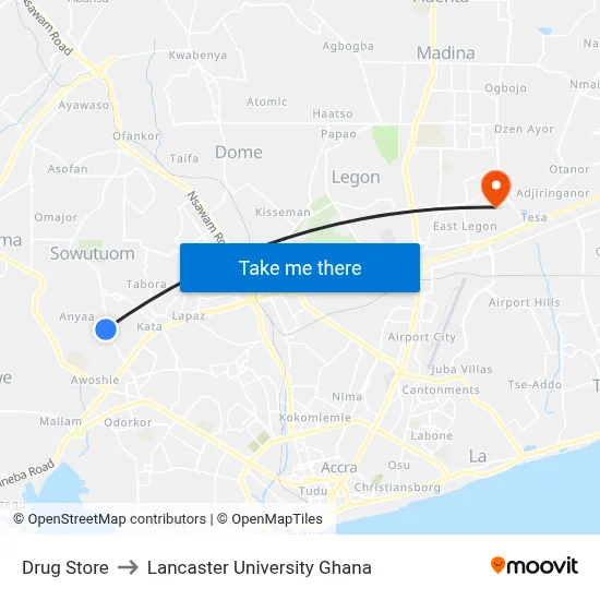 Drug Store to Lancaster University Ghana map
