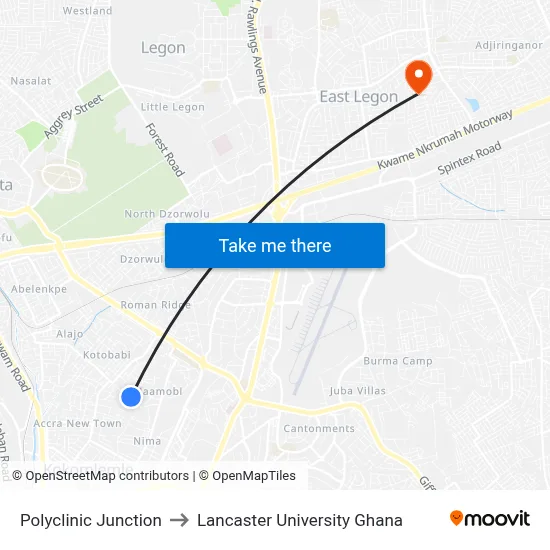 Polyclinic Junction to Lancaster University Ghana map