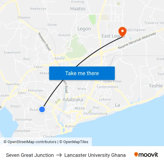 Seven Great Junction to Lancaster University Ghana map