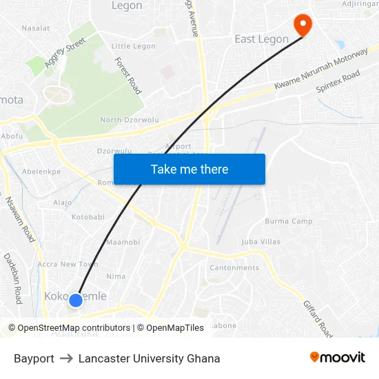 Bayport to Lancaster University Ghana map