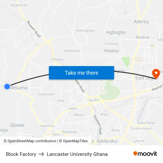 Block Factory to Lancaster University Ghana map