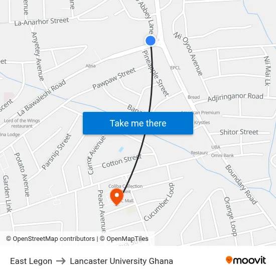 East Legon to Lancaster University Ghana map
