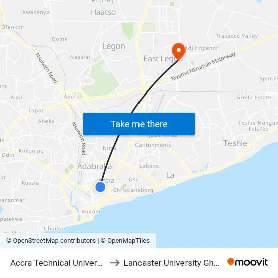 Accra Technical University to Lancaster University Ghana map