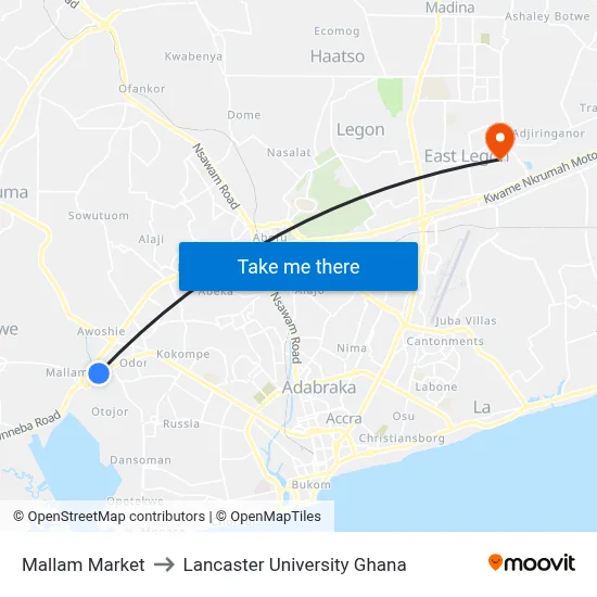 Mallam Market to Lancaster University Ghana map