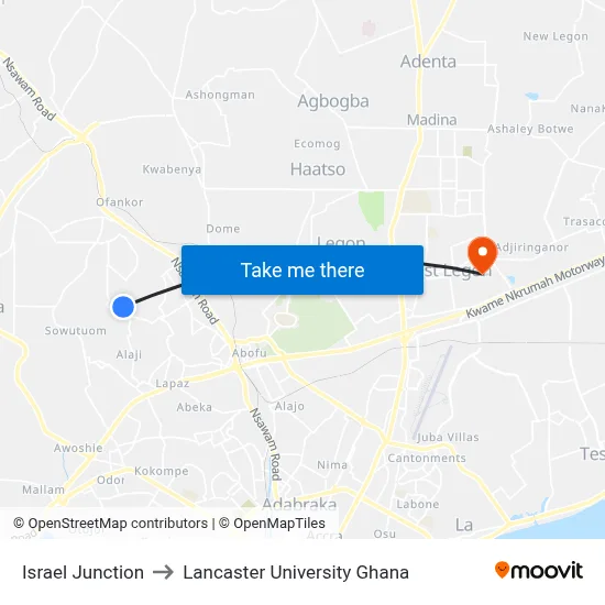 Israel Junction to Lancaster University Ghana map