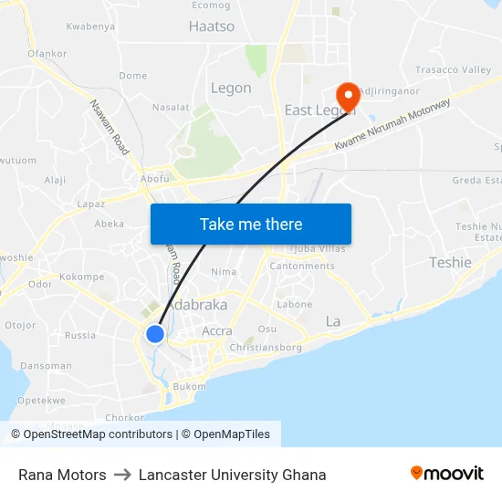 Rana Motors to Lancaster University Ghana map