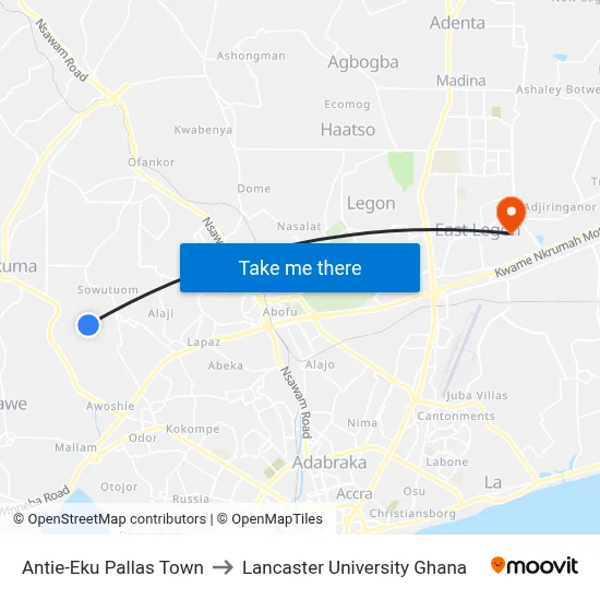 Antie-Eku Pallas Town to Lancaster University Ghana map