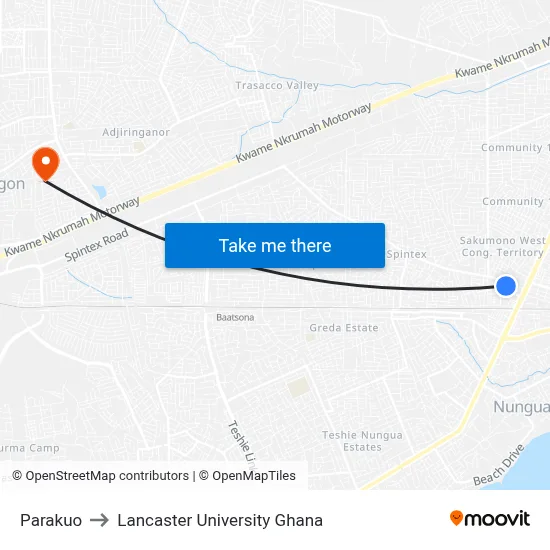 Parakuo to Lancaster University Ghana map