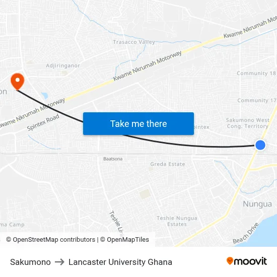 Sakumono to Lancaster University Ghana map