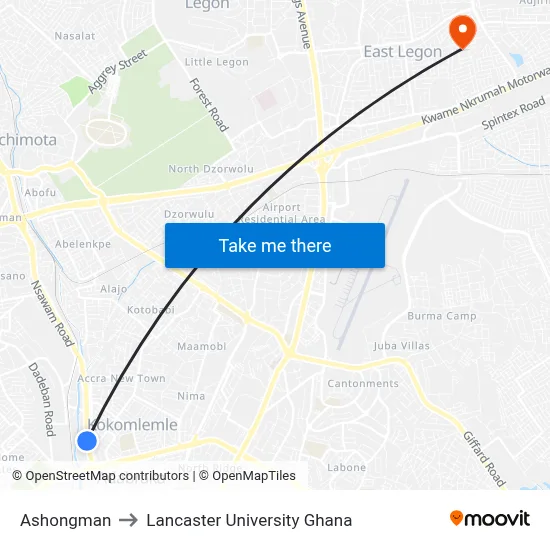 Ashongman to Lancaster University Ghana map