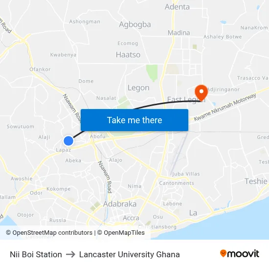 Nii Boi Station to Lancaster University Ghana map