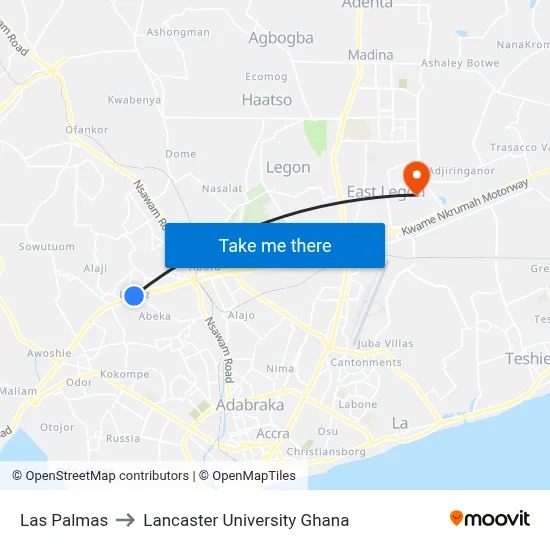 Las Palmas to Lancaster University Ghana map
