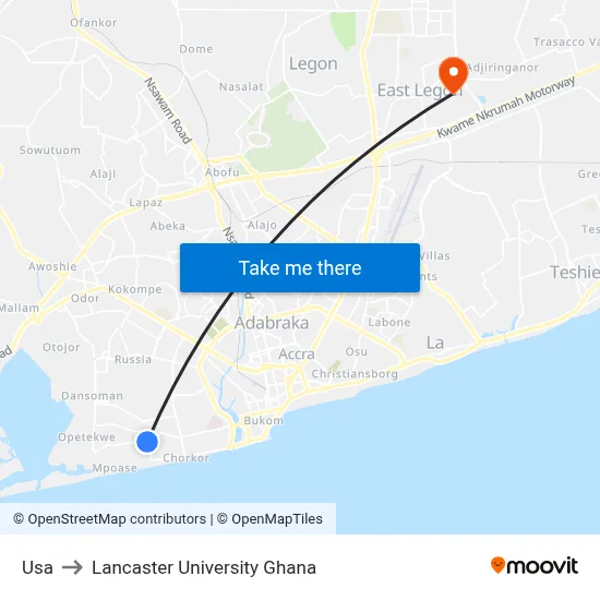 Usa to Lancaster University Ghana map