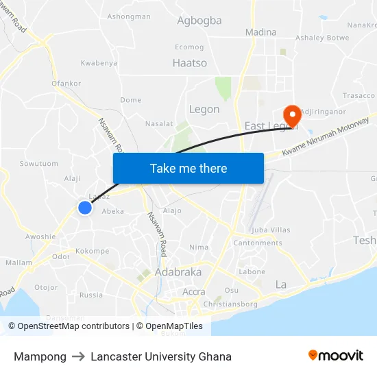 Mampong to Lancaster University Ghana map