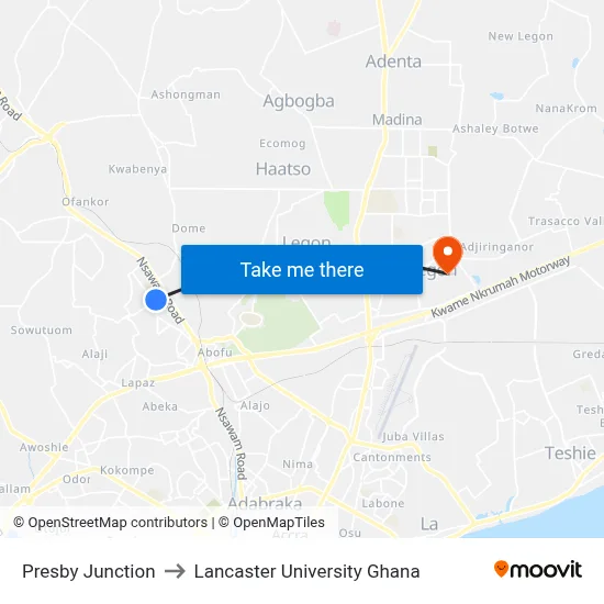 Presby Junction to Lancaster University Ghana map