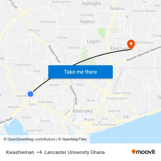 Kwashieman to Lancaster University Ghana map