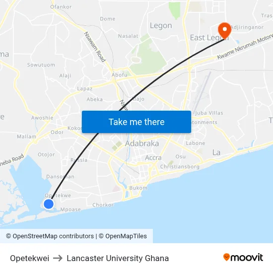 Opetekwei to Lancaster University Ghana map