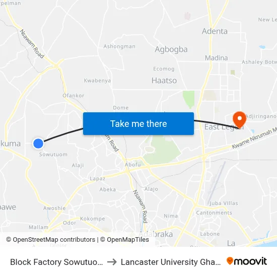 Block Factory Sowutuom to Lancaster University Ghana map