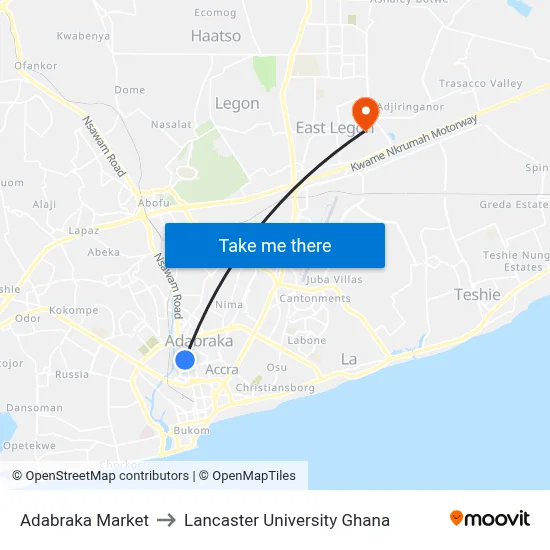 Adabraka Market to Lancaster University Ghana map