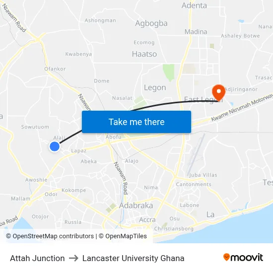 Attah Junction to Lancaster University Ghana map