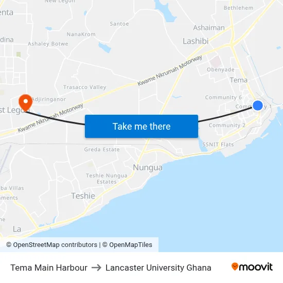Tema Main Harbour to Lancaster University Ghana map