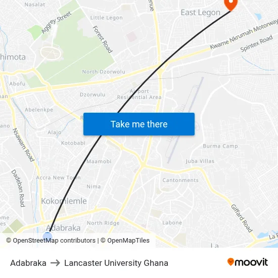 Adabraka to Lancaster University Ghana map