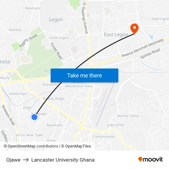 Ojawe to Lancaster University Ghana map