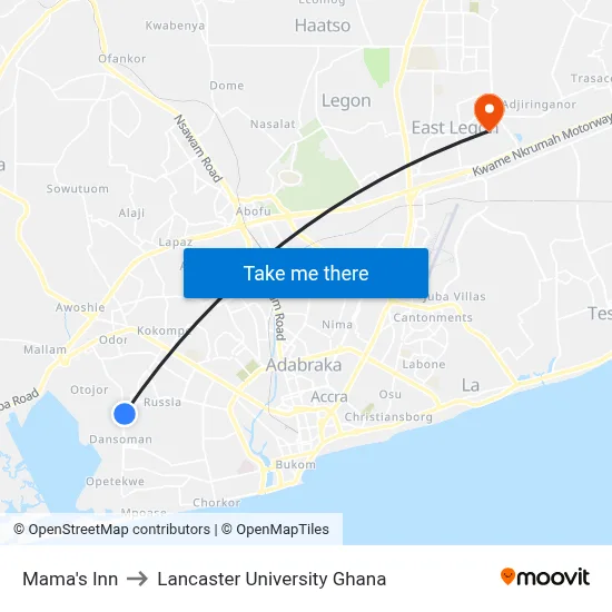 Mama's Inn to Lancaster University Ghana map