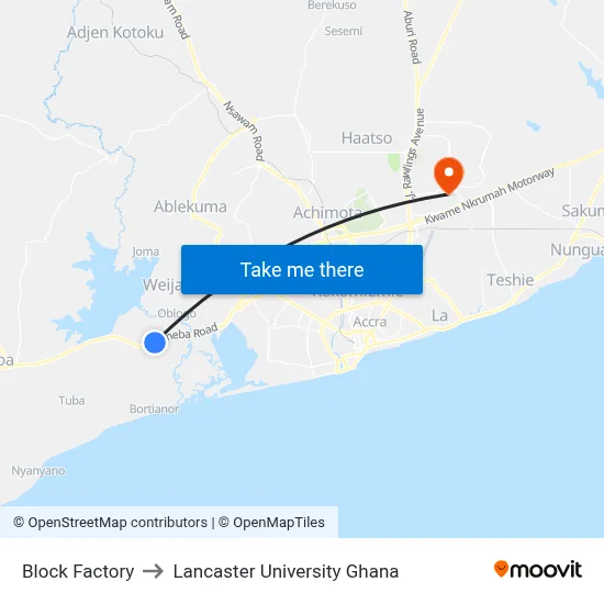 Block Factory to Lancaster University Ghana map