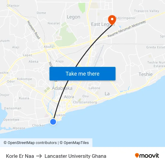 Korle Er Naa to Lancaster University Ghana map