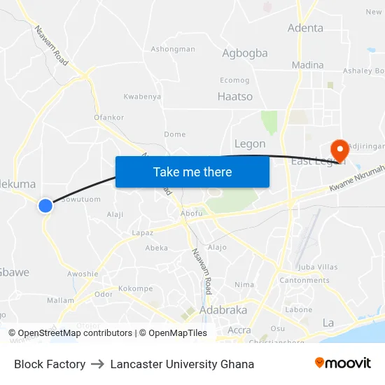 Block Factory to Lancaster University Ghana map