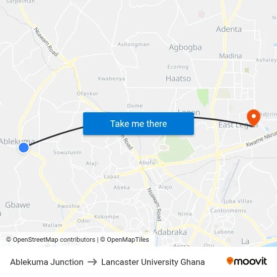 Ablekuma Junction to Lancaster University Ghana map