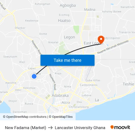 New Fadama (Market) to Lancaster University Ghana map