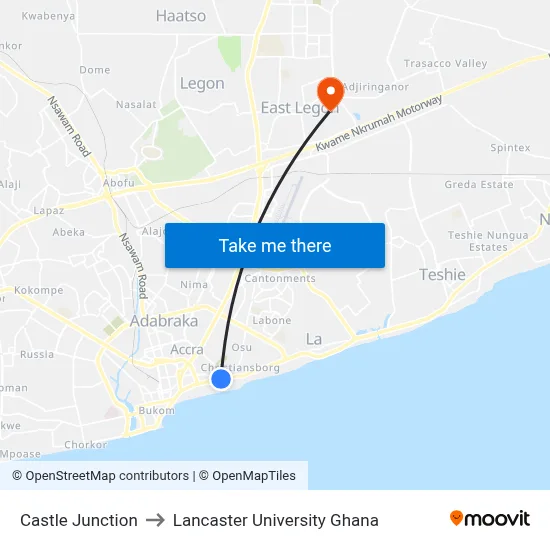 Castle Junction to Lancaster University Ghana map