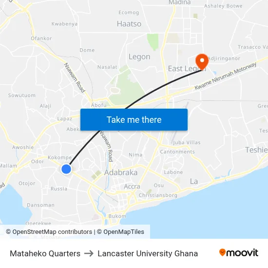 Mataheko Quarters to Lancaster University Ghana map