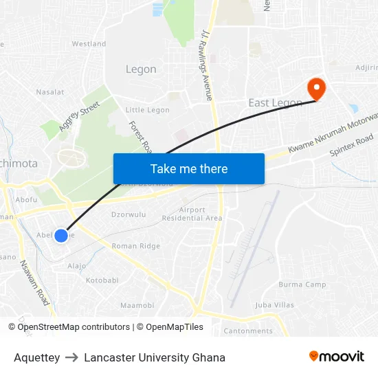 Aquettey to Lancaster University Ghana map