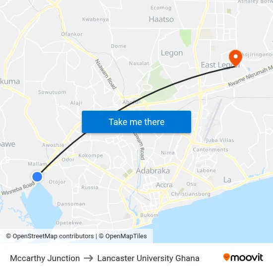 Mccarthy Junction to Lancaster University Ghana map