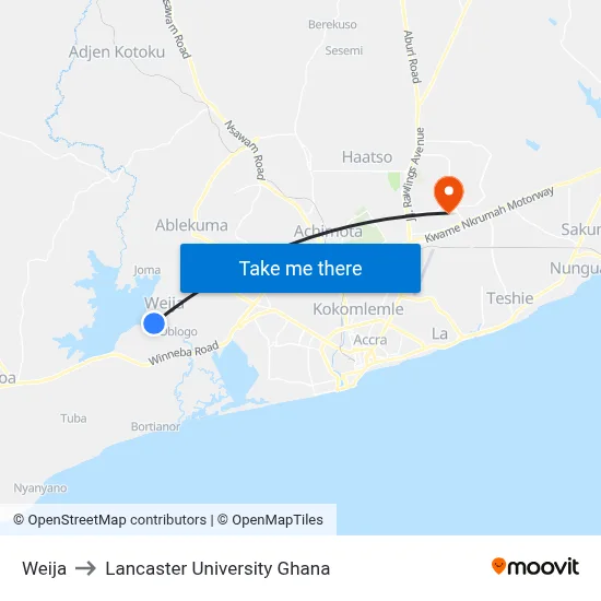 Weija to Lancaster University Ghana map