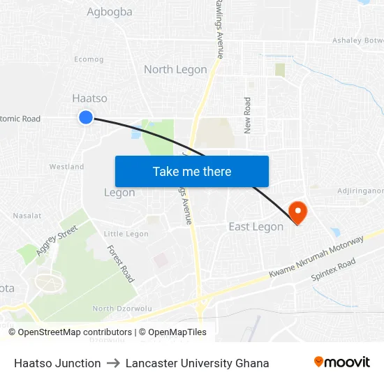 Haatso Junction to Lancaster University Ghana map