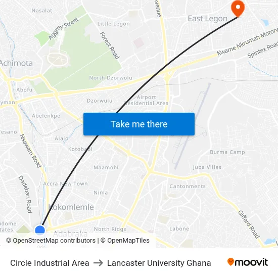 Circle Industrial Area to Lancaster University Ghana map