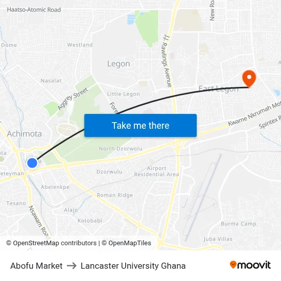 Abofu Market to Lancaster University Ghana map