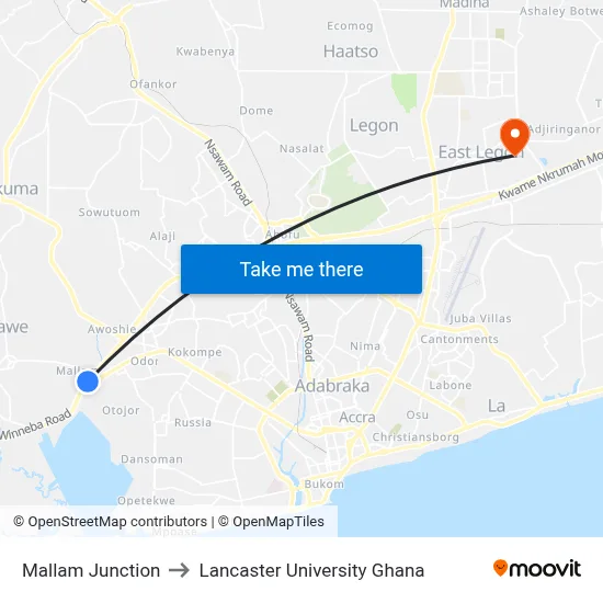 Mallam Junction to Lancaster University Ghana map